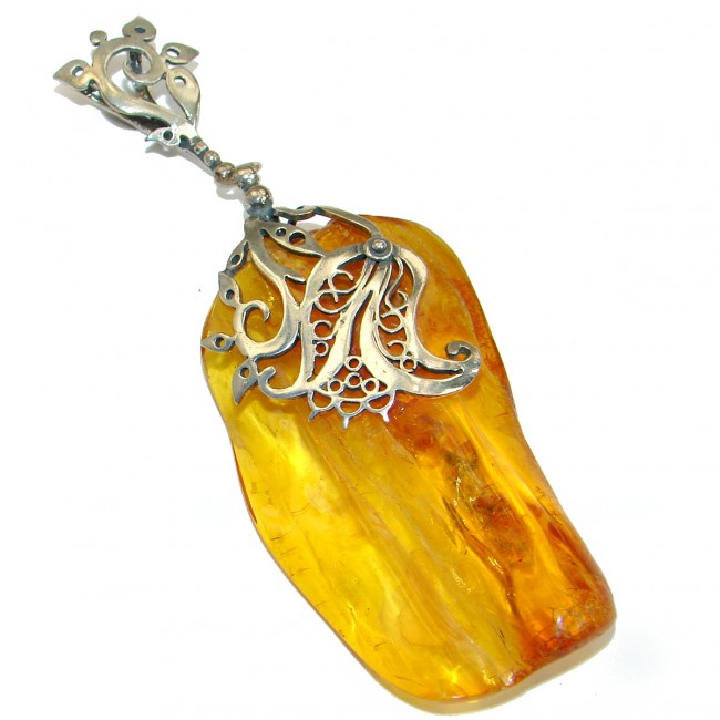 Huge 4 inches Natural Baltic Amber .925 Sterling Silver handmade Pendant