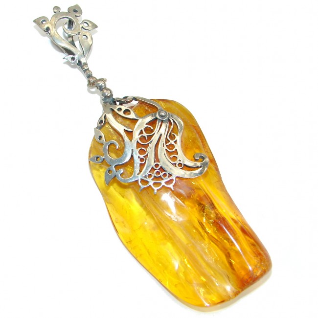 Huge 4 inches Natural Baltic Amber .925 Sterling Silver handmade Pendant