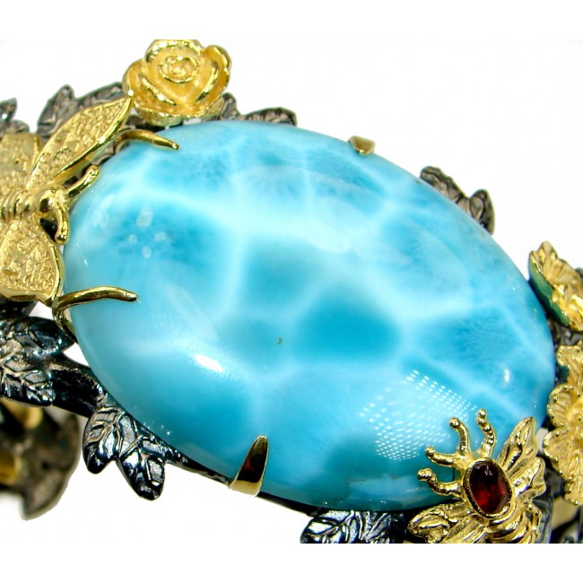 Baroque Style Genuine Blue Larimar 18ct Gold Rhodium over .925 Sterling Silver handmade Bracelet Cuff
