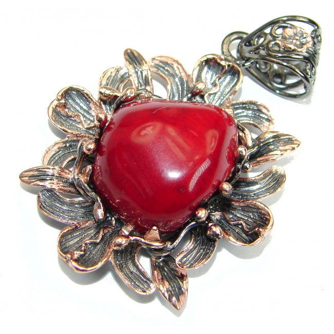 Authentic Red Fossilized Coral Gold Rhodium over .925 Coral Sterling Silver handmade pendant