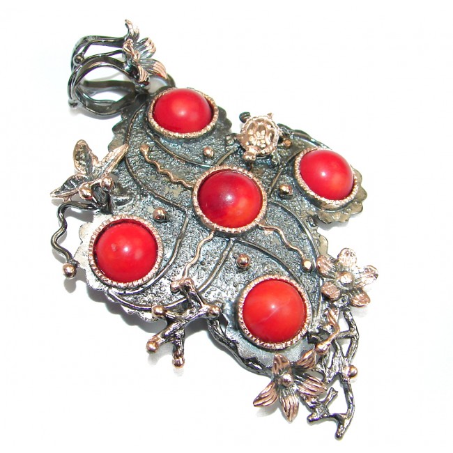 Authentic Red Fossilized Coral Gold Rhodium over .925 Coral Sterling Silver handmade pendant