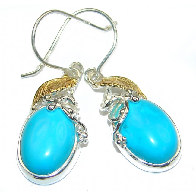 Precious genuine Turquoise two tones .925 Sterling Silver handmade earrings