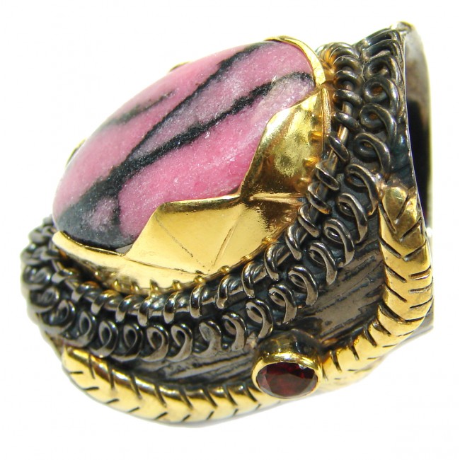 Big Authentic Rhodonite 14K Gold Rhodium over .925 Sterling Silver Ring s. 8