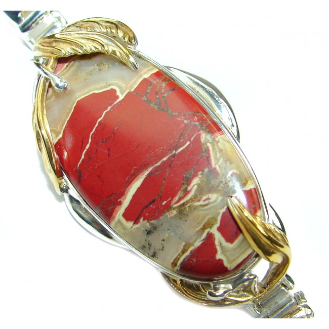 Nature Inspired Design genuine Red Jasper two tones .925 Sterling Silver handcrafted Bracelet