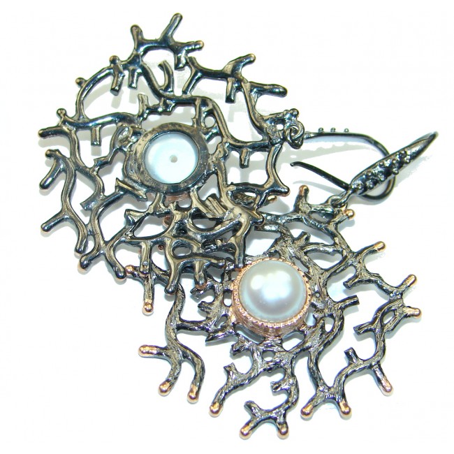 Bohemian style huge genuine Pearl Gold Rhodium over .925 Sterling Silver handmade earrings