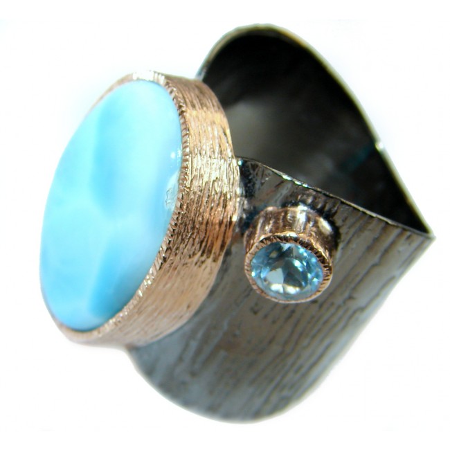 Natural Larimar Rhodium Gold over .925 Sterling Silver handcrafted Ring s. 7 adjustable