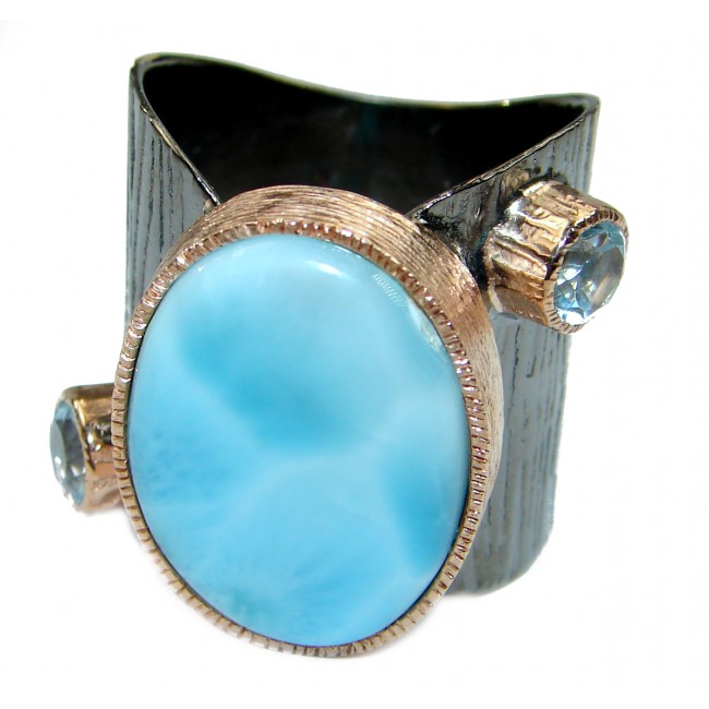 Natural Larimar Rhodium Gold over .925 Sterling Silver handcrafted Ring s. 7 adjustable