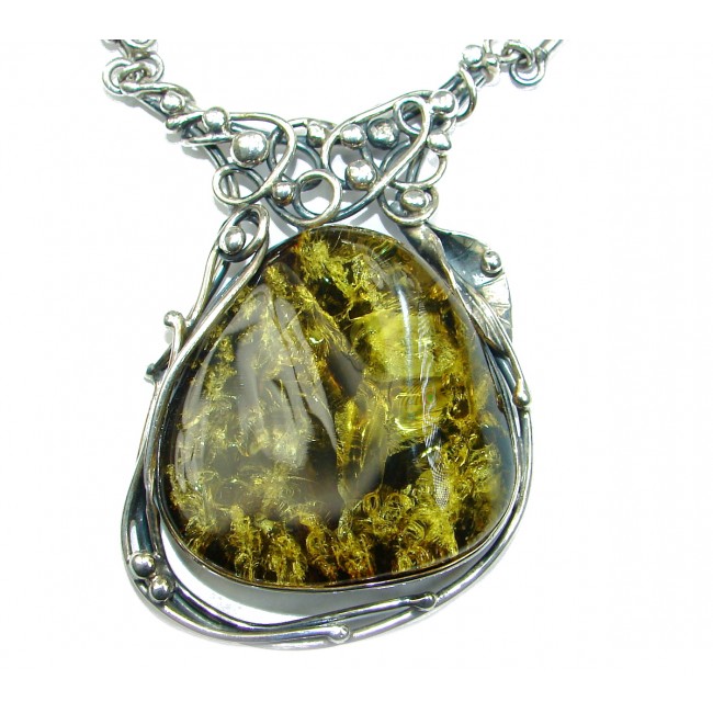 Huge Touch the Earth Natural Green Polish Amber .925 Sterling Silver handcrafted necklace