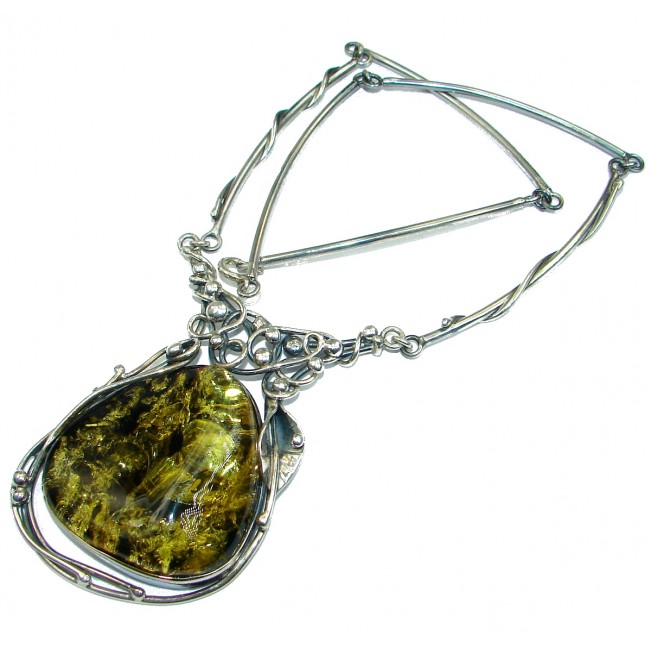 Huge Touch the Earth Natural Green Polish Amber .925 Sterling Silver handcrafted necklace
