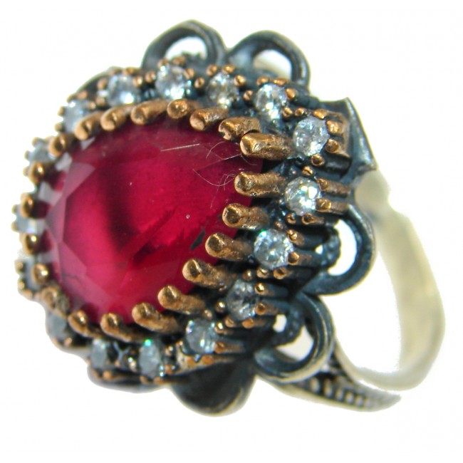 Large Victorian Style created Ruby Two Tones .925 Sterling Silver ring; s. 10