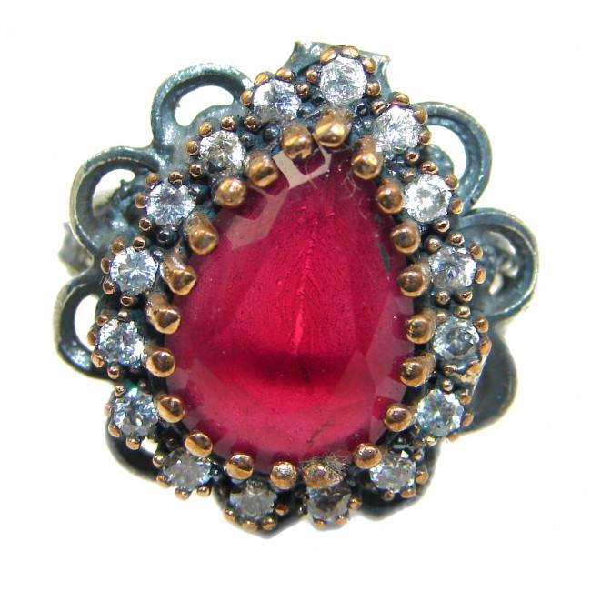 Large Victorian Style created Ruby Two Tones .925 Sterling Silver ring; s. 10