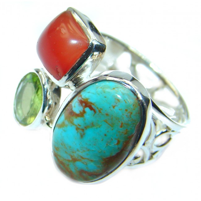 Turquoise .925 Sterling Silver handcrafted ring; s. 7 adjustable
