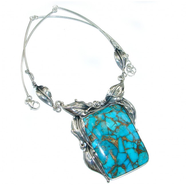 Genuine Turquoise with golden Copper vains .925 Sterling Silver statement necklace