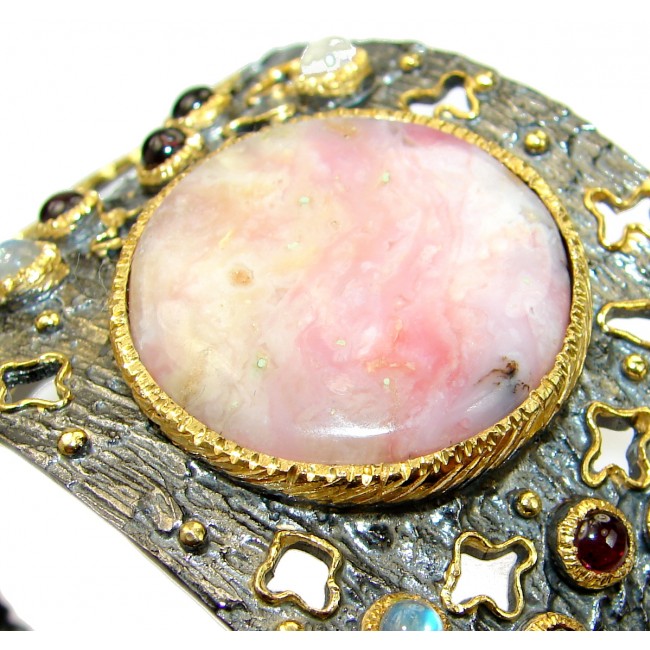 Huge Pink Opal Rhodium Gold over .925 Sterling Silver handcrafted Bracelet / Cuff