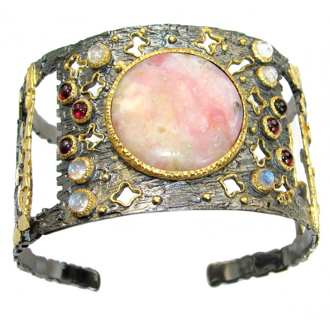 Huge Pink Opal Rhodium Gold over .925 Sterling Silver handcrafted Bracelet / Cuff
