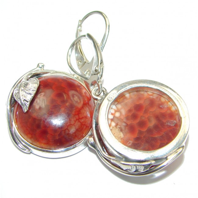 Unique Floral design genuine Mexican Agate .925 Sterling Silver handmade earrings