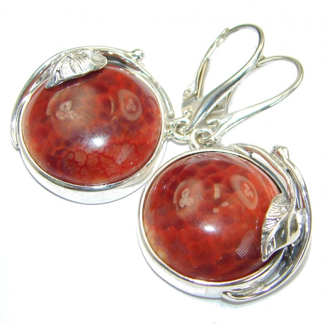 Unique Floral design genuine Mexican Agate .925 Sterling Silver handmade earrings
