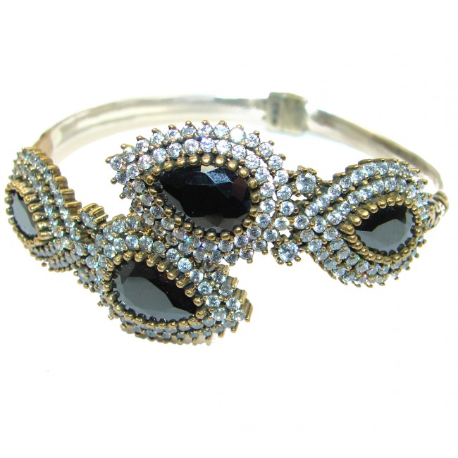 Victorian Style Onyx & White Topaz Sterling Silver Bracelet Cuff
