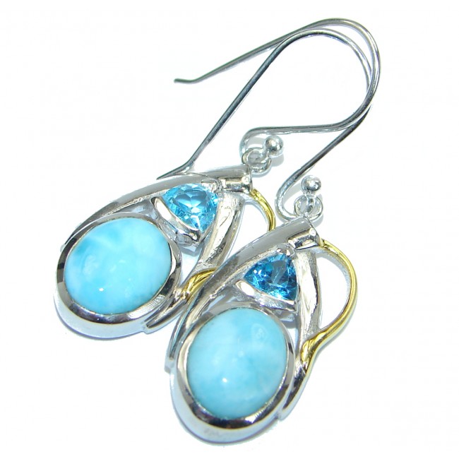Precious genuine Blue Larimar 14K Gold over .925 Sterling Silver handmade earrings