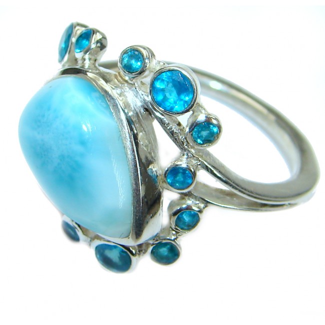 Natural Larimar Swiss Blue Topaz .925 Sterling Silver handcrafted Ring s. 9