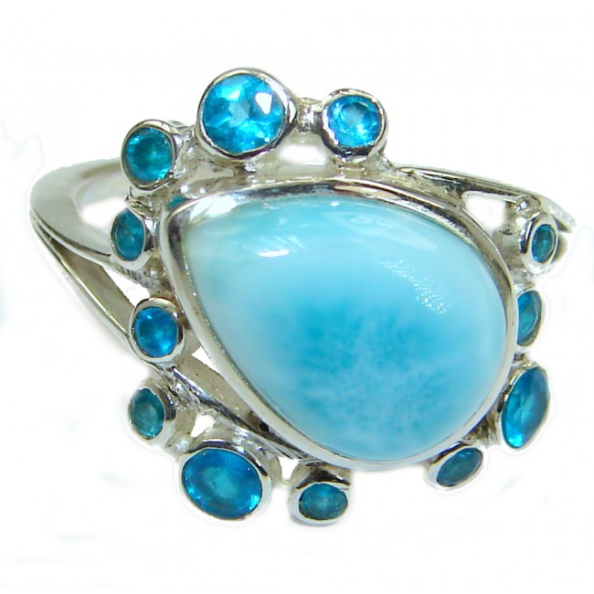Natural Larimar Swiss Blue Topaz .925 Sterling Silver handcrafted Ring s. 9