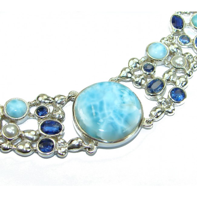 Luxury Larimar Kyanite Pearl .925 Sterling Silver handcrafted necklace