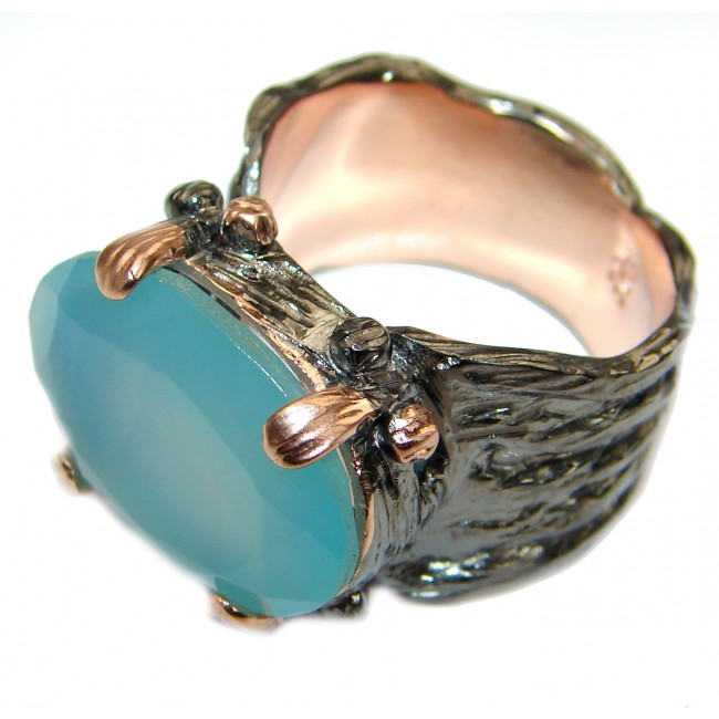 Huge Chalcedony Agate Rose Gold Rhodium plated over .925 Sterling Silver ring s. 7 adjustable