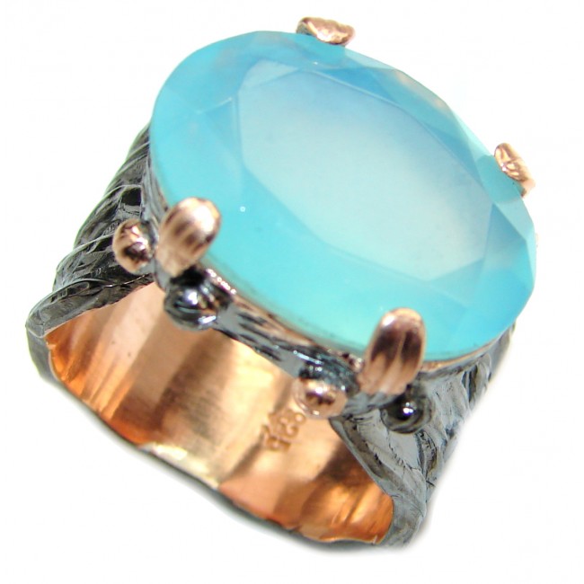 Huge Chalcedony Agate Rose Gold Rhodium plated over .925 Sterling Silver ring s. 7 adjustable