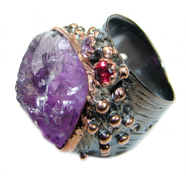 Jumbo! Vintage Style Rough Amethyst .925 Sterling Silver handmade Cocktail Ring s. 7 1/2