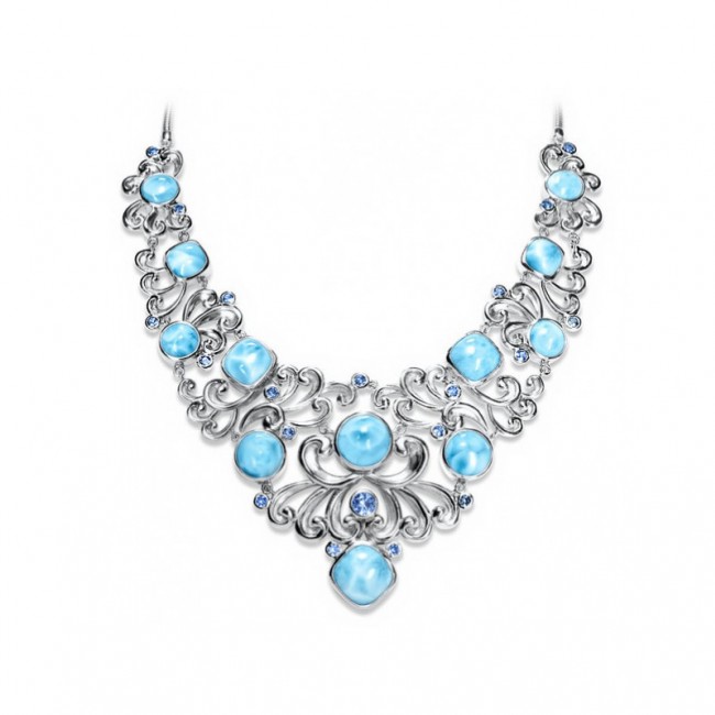 Ocean Halo genuine Larimar Swiss Blue Topaz .925 Sterling Silver handmade necklace