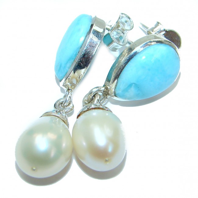 Precious genuine Blue Larimar Pearl .925 Sterling Silver handmade earrings