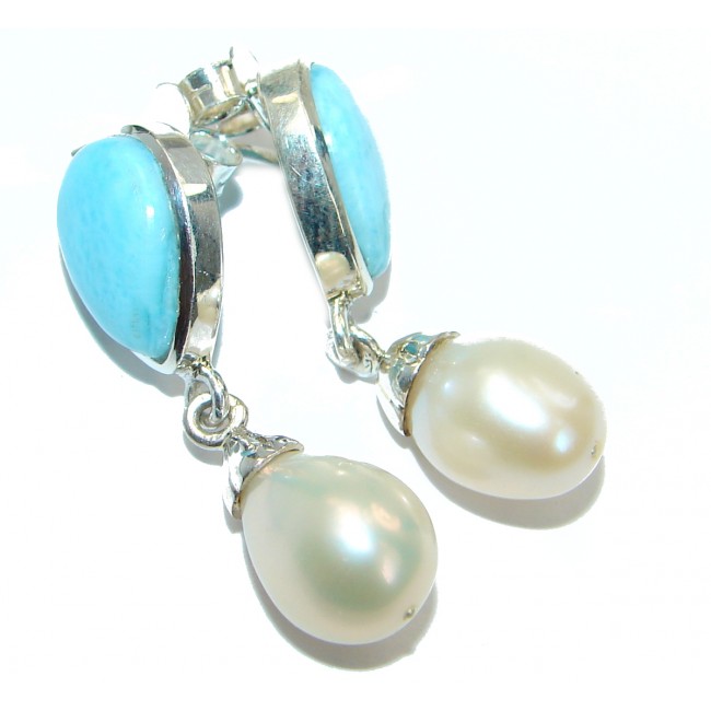 Precious genuine Blue Larimar Pearl .925 Sterling Silver handmade earrings