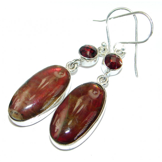Red Aura AAA + Fire Ammolite .925 Sterling Silver handcrafted earrings