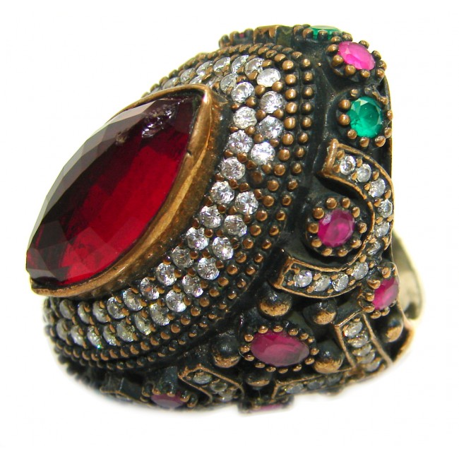 Large Victorian Style created Ruby Two Tones .925 Sterling Silver ring; s. 7 1/4