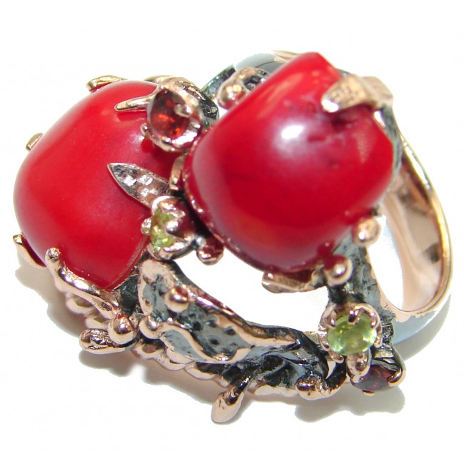 Natural Fossilized Coral two tones .925 Sterling Silver handmade ring s. 8