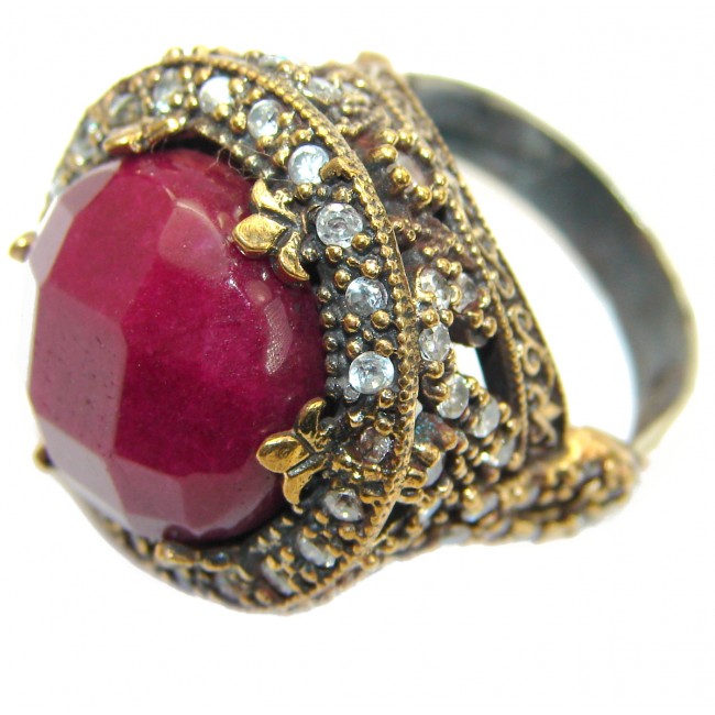 Large Victorian Style created Ruby Two Tones .925 Sterling Silver ring; s. 8 1/4