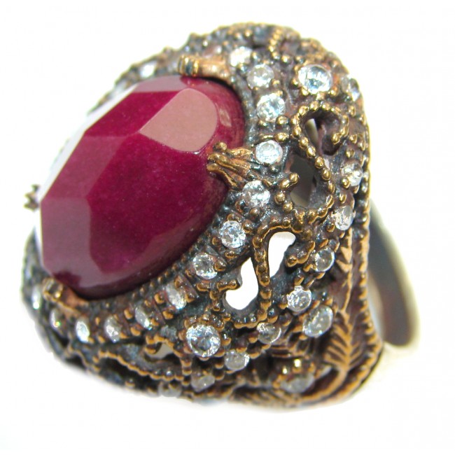 Large Victorian Style created Ruby Two Tones .925 Sterling Silver ring; s. 8