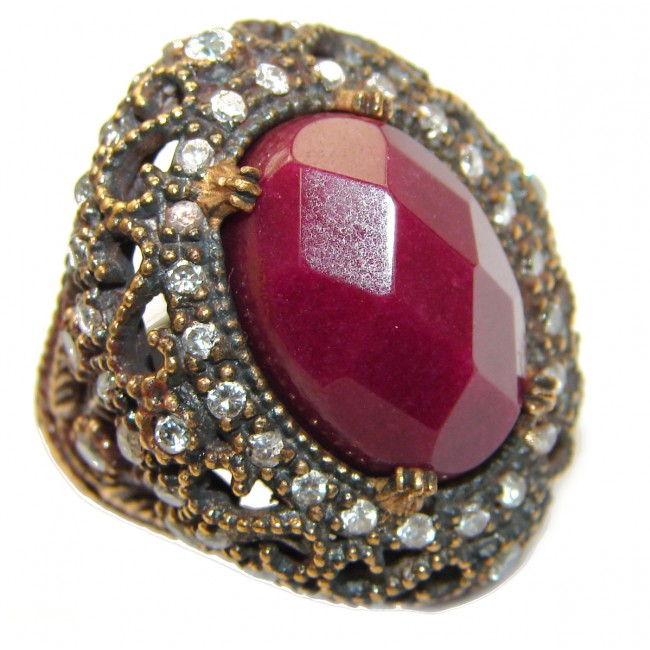 Large Victorian Style created Ruby Two Tones .925 Sterling Silver ring; s. 8