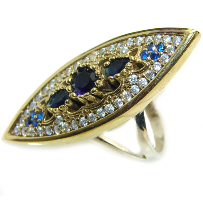 Large Victorian Style created Sapphire & White Topaz Sterling Silver ring; s. 8