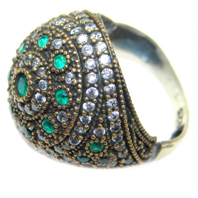 Victorian Style created Emerald & White Topaz Copper over Sterling Silver ring; s. 7 1/2