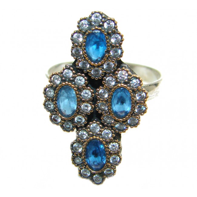 Large Victorian Style created Sapphire & White Topaz Sterling Silver ring; s. 8 1/4