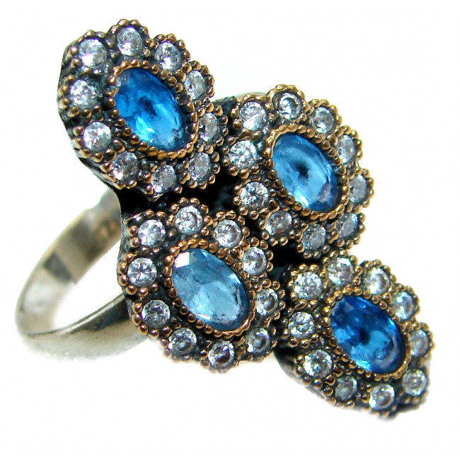 Large Victorian Style created Sapphire & White Topaz Sterling Silver ring; s. 8 1/4