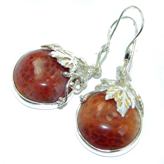 Unique Rustic Floral design Mexican Agate .925 Sterling Silver handmade earrings