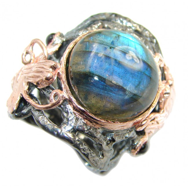 Large Fire Labradorite Rose Gold over .925 Sterling Silver handmade ring size 7