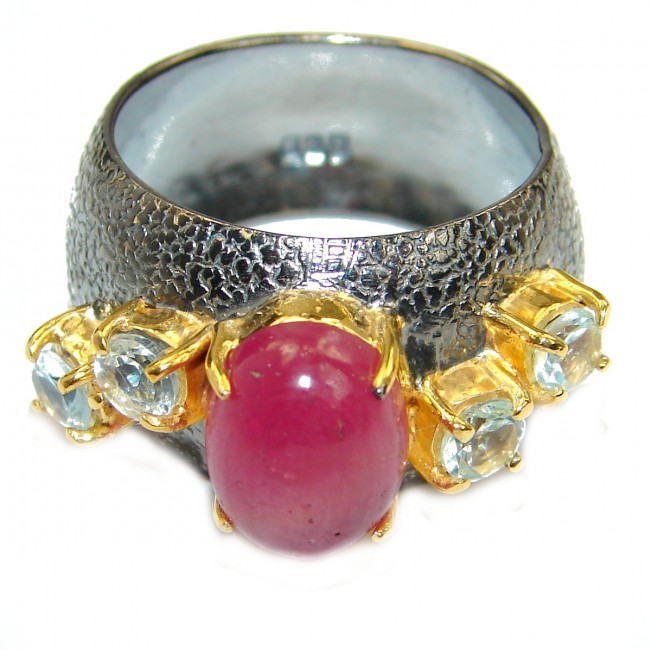 Genuine Ruby Gold Rhodonite over .925 Sterling Silver Statement ring; s. 8 1/4