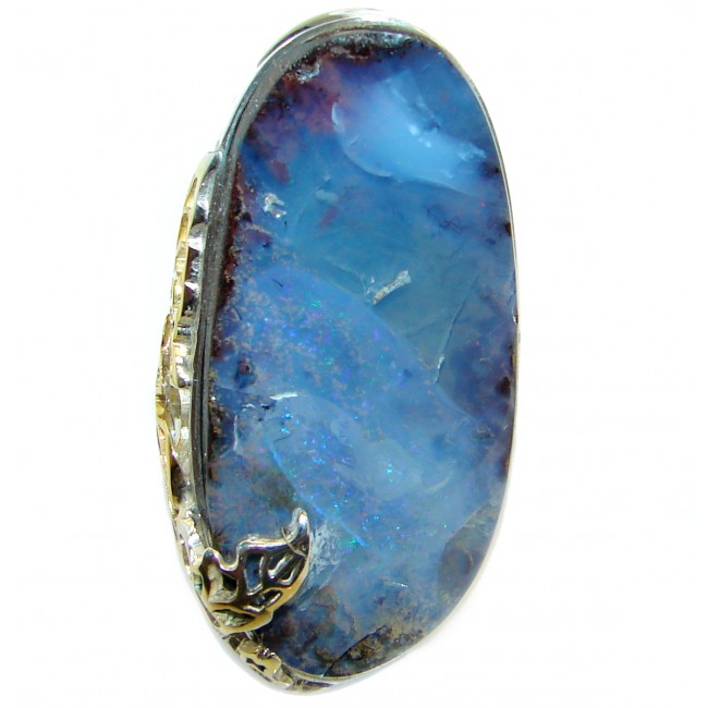 Huge Australian Boulder Opal two tones .925 Sterling Silver handcrafted ring size 8 adjustable