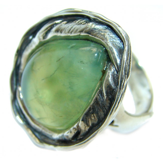 Natural Moss Prehnite .925 Sterling Silver handmade ring s. 8 adjustable
