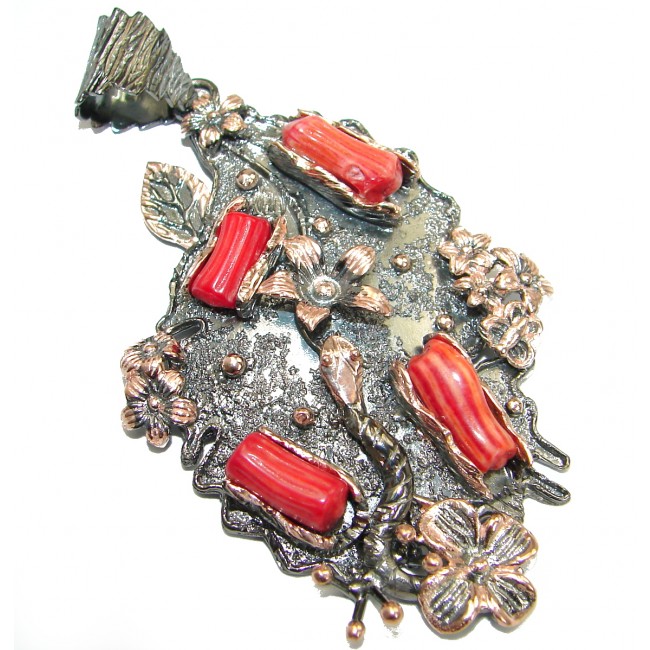 Huge Genuine Coral Rhodium Gold over .925 Sterling Silver handcrafted Pendant