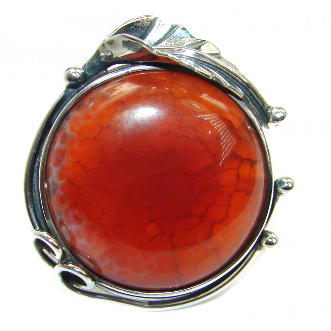 Genuine 58 ct Mexican Fire Agate .925 Sterling Silver handmade Cocktail Ring s. 7 adjustable