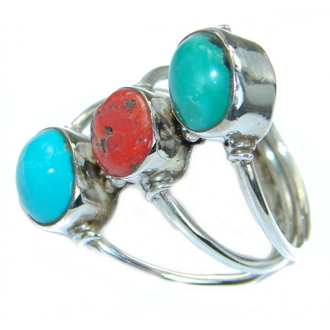 Natural Fossilized Coral Turquoise .925 Sterling Silver handmade ring s. 10